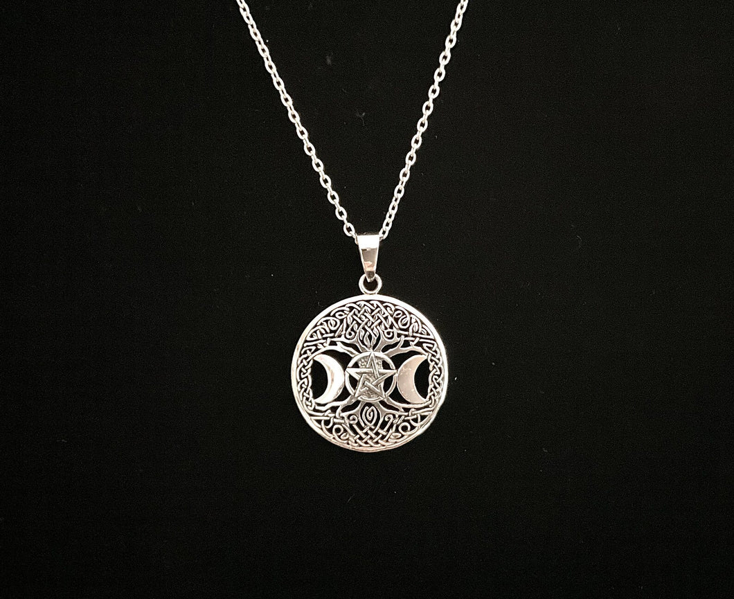 925 Sterling Silver Celtic Tree of Life Triple Goddess Pentacle Pendant + Free Chain