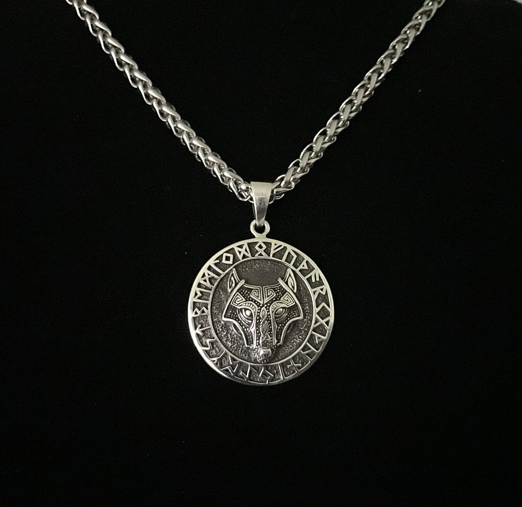 Handcast 925 Sterling Silver Norse Viking Celtic Wolf Rune Alphabet  Pendant + Free Chain