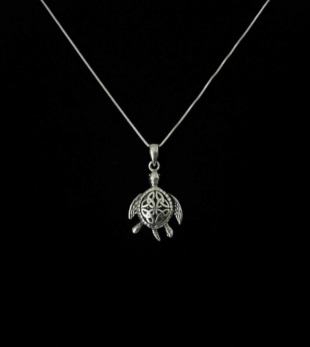 925 Sterling Silver Celtic Turtle Pendant Necklace + Free Chain