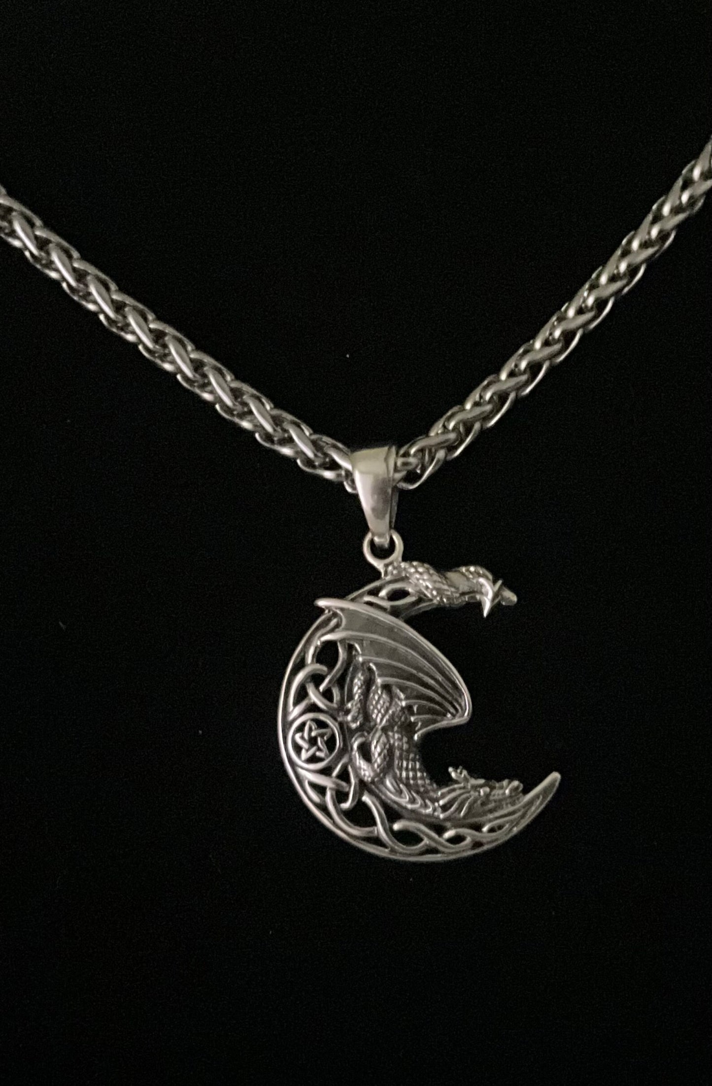 Large 925 Sterling Silver Medieval Dragon wrapped around Celtic Crescent Moon Pendant + Free Chain