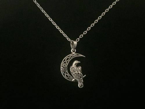 925 Sterling Silver Celtic Raven on Crescent Moon Pendant Necklace + Free Chain