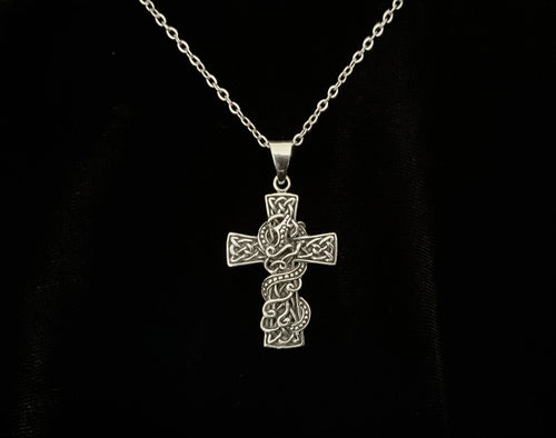 Large Handcast 925 Sterling Silver Irish Celtic Cross Serpent / Snake Pendant + Free Chain Necklace