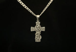 Large Handcast 925 Sterling Silver Irish Celtic Cross Serpent / Snake Pendant + Free Chain Necklace