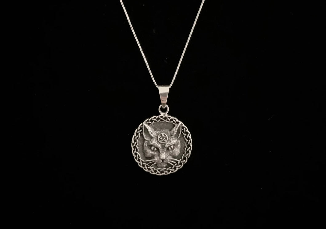 925 Sterling Silver Celtic Cat Pendant accented with Celtic Knotwork + Free Chain