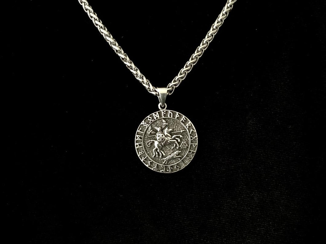Handcast 925 Sterling Silver Norse Viking Odin on Horse Sleipnir Rune Alphabet Pendant Necklace