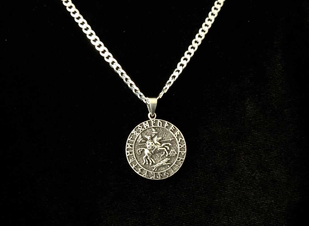 Handcast 925 Sterling Silver Norse Viking Odin on Horse Sleipnir Rune Alphabet Pendant Necklace