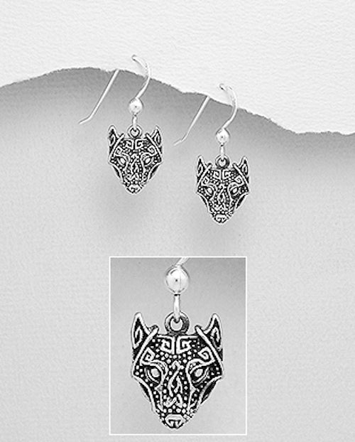 Handcast 925 Sterling Silver Celtic Wolf Head Dangle Earrings