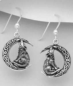Handcast 925 Sterling Silver Celtic Howling Wolf on Crescent Moon Dangle Earrings