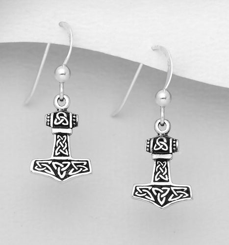 Handcast 925 Sterling Silver Viking Thor’s Hammer Mjolnir Dangle Earrings