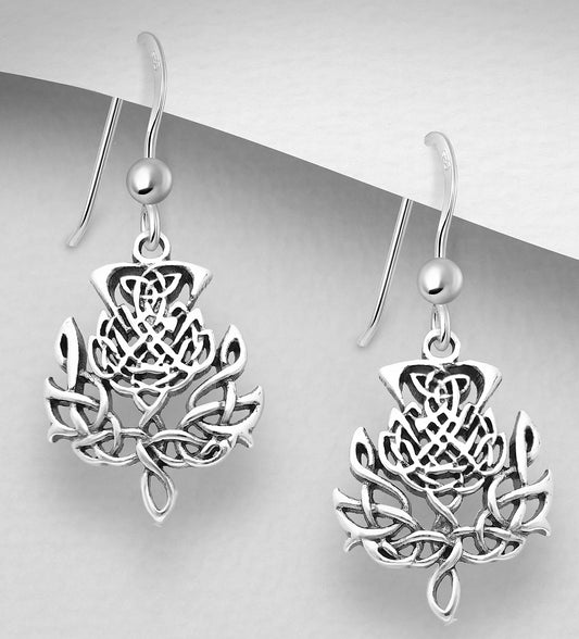 Handcast 925 Sterling Silver Scottish Thistle Dangle Earrings