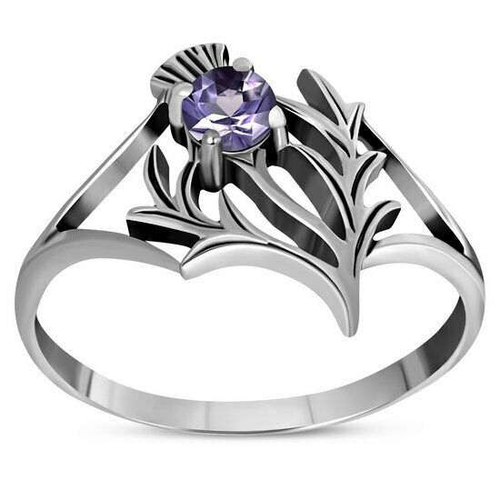 925 Sterling Silver Scottish Thistle Ring set with faceted Amethyst