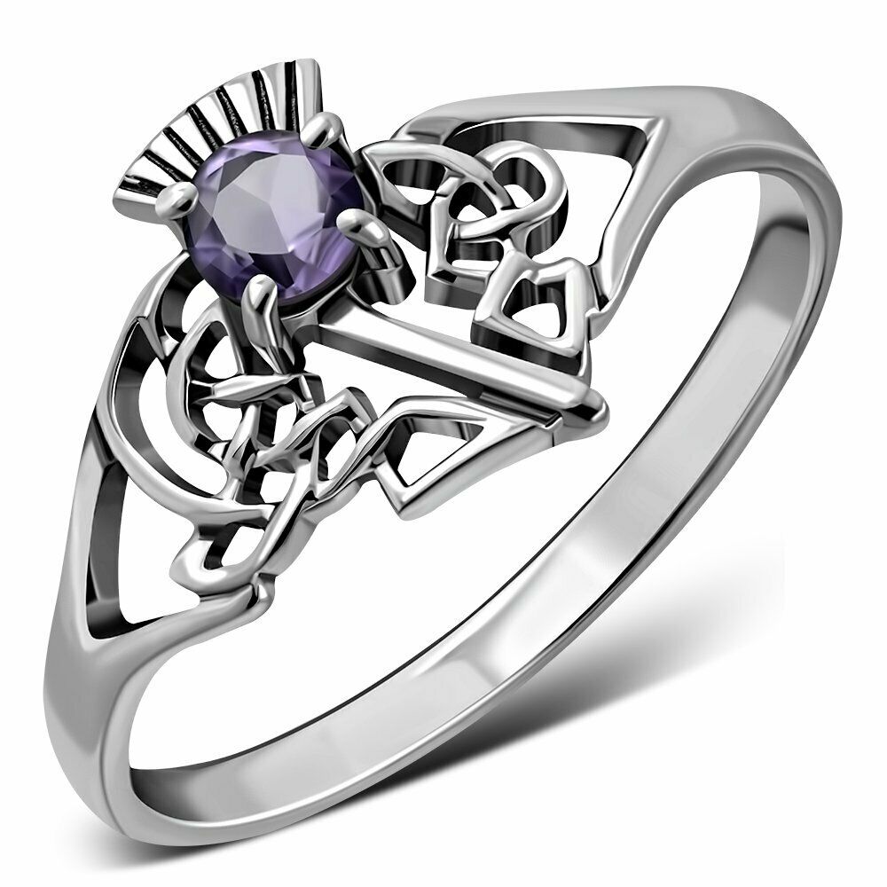 925 Sterling Silver Scottish Thistle Ring with Amethyst