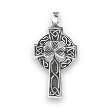 Large Silver Irish Celtic Shamrock Cross Pendant + Free Chain