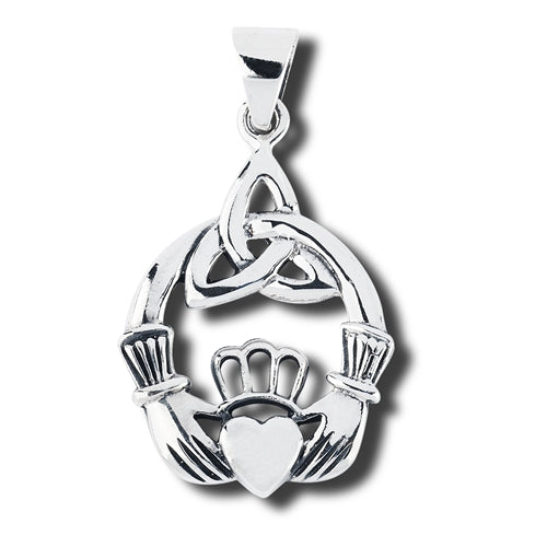 Sterling Silver Irish Celtic Claddagh Pendant w/ Trinity Knot + Free Chain