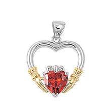 Sterling Silver Irish Claddagh Pendant w/ Garnet CZ Heart + Free Chain