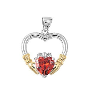 Sterling Silver Irish Claddagh Pendant w/ Garnet CZ Heart + Free Chain
