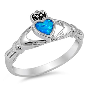 Sterling Silver Irish Claddagh Ring w/ Blue Opal