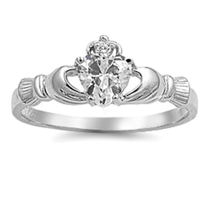 Sterling Silver Irish Claddagh Ring w/ Clear CZ
