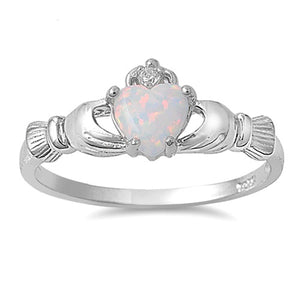Sterling Silver Irish Claddagh Ring w/ White Opal