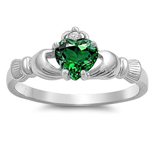 Sterling Silver Irish Claddagh Ring w/ Emerald Green CZ