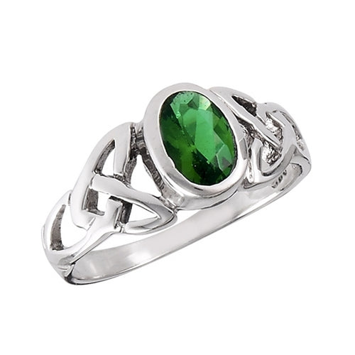 Silver Celtic Trinity / Triquetra Knot Ring Emerald Green CZ