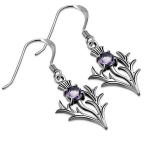 Silver Scottish Thistle Dangle Earrings faceted Amethyst