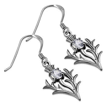 Silver Scottish Thistle Dangle Earrings Clear Cubic Zirconia