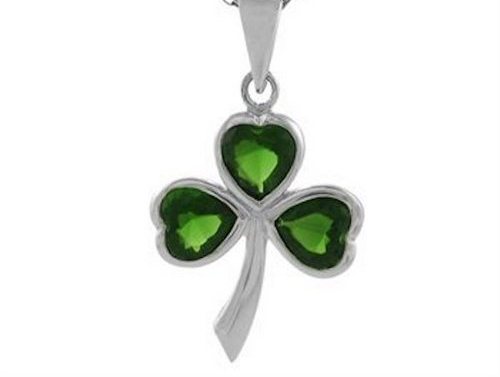 Sterling Silver Irish Shamrock Pendant w/ Emerald Green CZ + Free Chain