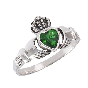 Sterling Silver Irish Claddagh Ring w/ Emerald Green CZ
