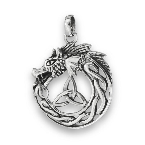 Silver Celtic Triquetra / Trinity Knot Dragon Warrior Pendant + Free Chain