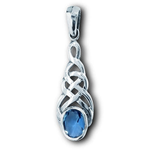 Silver Celtic Knot Pendant w/Blue Topaz CZ + Free Chain