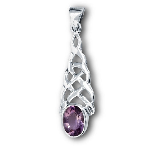 Silver Celtic Knot Pendant w/ Amethyst CZ + Free Chain