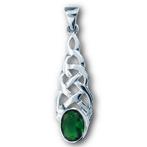 Silver Celtic Knot Pendant w/ Emerald Green CZ + Free Chain