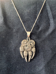 Handcast 925 Sterling Silver Celtic Viking Wolf Claw Paw Pendant with Celtic Knot Designs + Free Chain Necklace