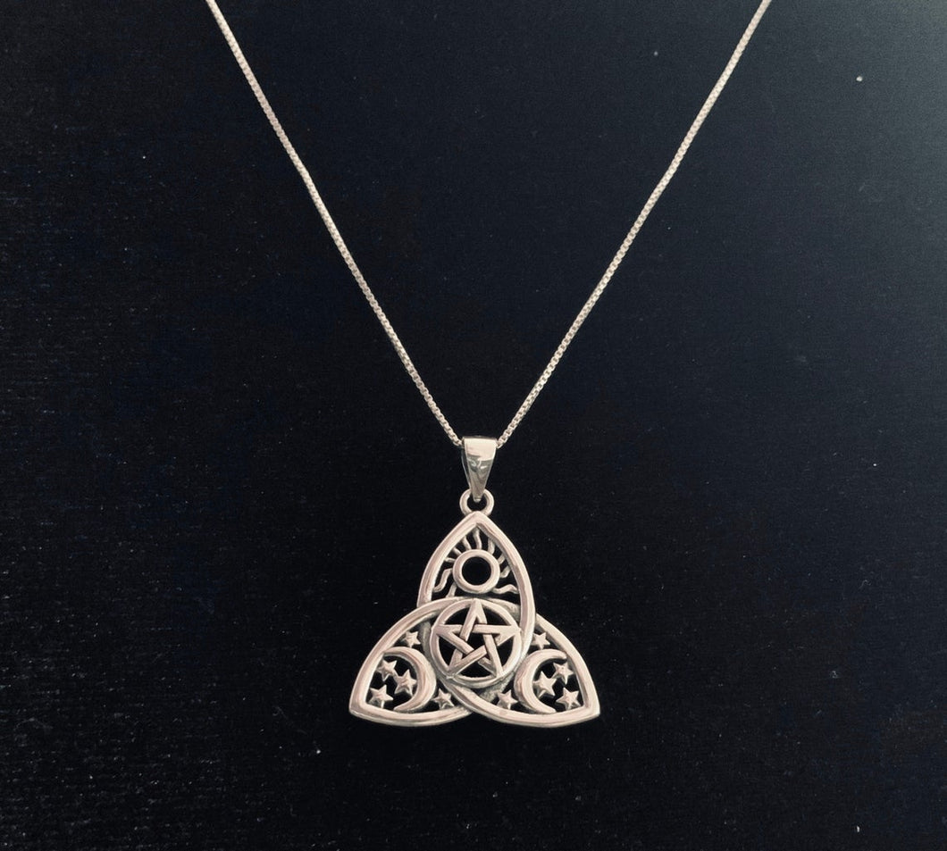 Handcast 925 Sterling Silver Irish Celtic Triquetra Trinity Knot Moon Star Pentacle Pendant + Free Chain Necklace