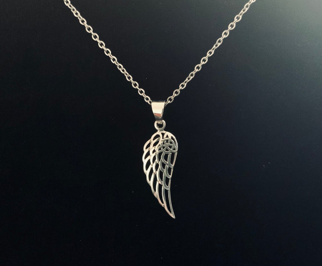 Handcast 925 Sterling Silver Angel Wing Pendant accented with Celtic Triquetra Trinity Knot + Free Chain Necklace