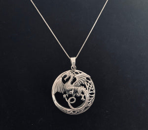 Handcast 925 Sterling Silver Celtic Dragon Pendant Necklace + Free Chain