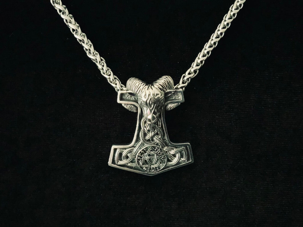 Large Handcast 925 Sterling Silver Norse Viking Ram Ram's Head Thor's Thors Hammer Mjolnir Pendant + Free Chain