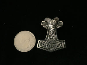 Large Handcast 925 Sterling Silver Norse Viking Ram Ram's Head Thor's Thors Hammer Mjolnir Pendant + Free Chain