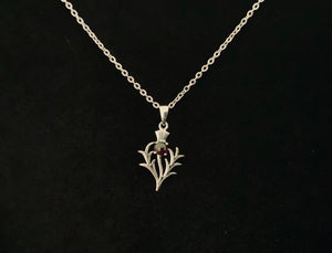 925 Sterling Silver Scottish Thistle Flower Garnet Pendant + Free Chain