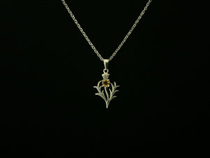 925 Sterling Silver Scottish Thistle Flower Citrine Pendant + Free Chain