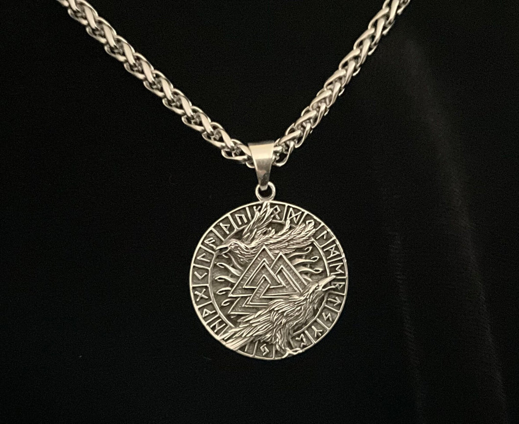 Handcast 925 Sterling Silver Norse Viking Celtic Raven Hugin and Munin Valknut Rune Alphabet Pendant Necklace