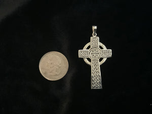 Large Handcast 925 Sterling Silver Irish Celtic Cross Pendant + Free Chain Necklace