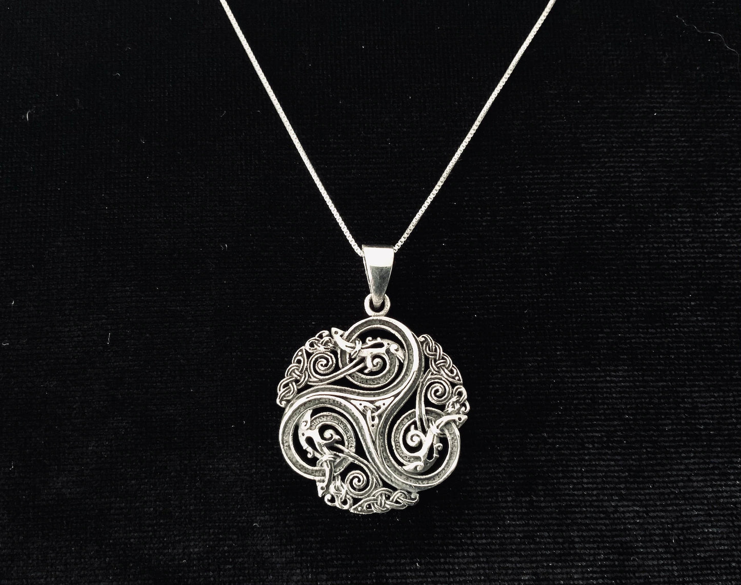 Large Handcast 925 Sterling Silver Celtic Triskele Triple Spiral Pendant w/ Entwined Celtic Dragons Necklace