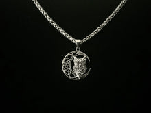 Handcast 925 Sterling Silver Owl Pendant on Crescent Moon accented with Celtic Knotwork + Free Chain