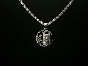 Handcast 925 Sterling Silver Owl Pendant on Crescent Moon accented with Celtic Knotwork + Free Chain