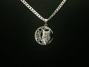 Handcast 925 Sterling Silver Owl Pendant on Crescent Moon accented with Celtic Knotwork + Free Chain