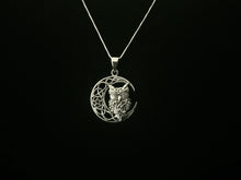 Handcast 925 Sterling Silver Owl Pendant on Crescent Moon accented with Celtic Knotwork + Free Chain