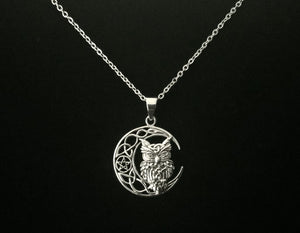 Handcast 925 Sterling Silver Owl Pendant on Crescent Moon accented with Celtic Knotwork + Free Chain