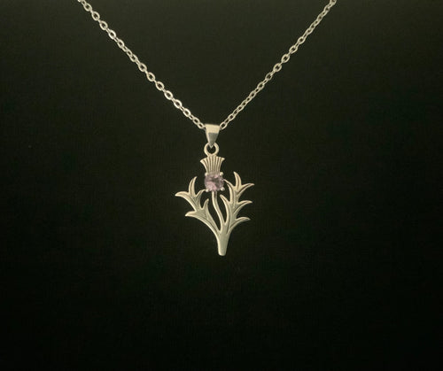 Large 925 Sterling Silver Scottish Thistle Flower Amethyst Pendant + Free Chain